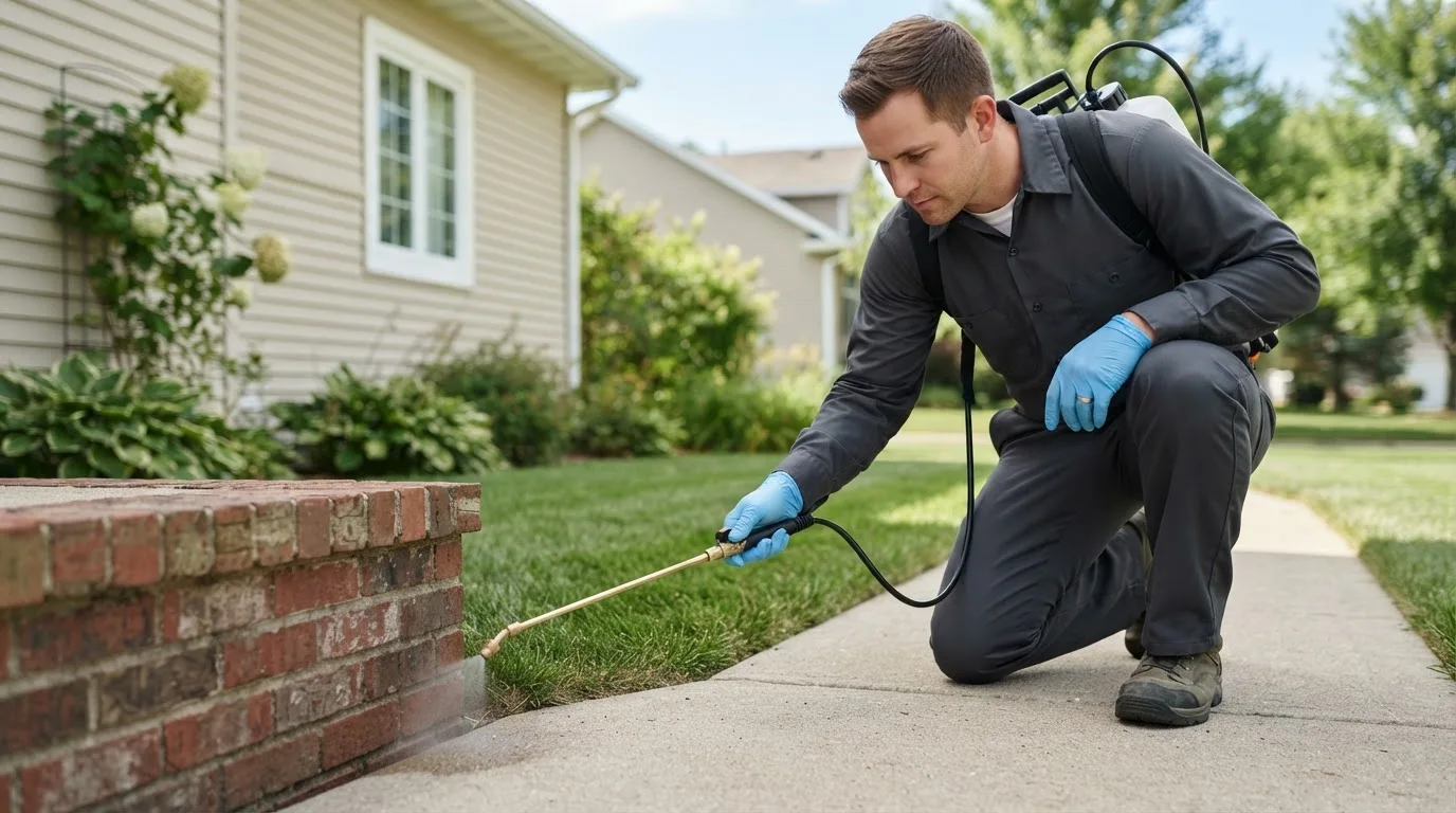 Pest control technician treating a home near Kents Hill, ME
